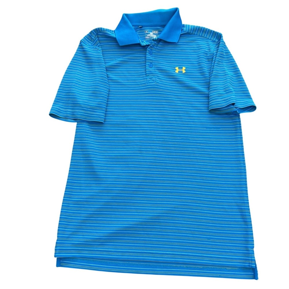 Under Armour HeatGear‎ Mens Polo Shirt Medium Blue Striped Loose Fit Golf Top